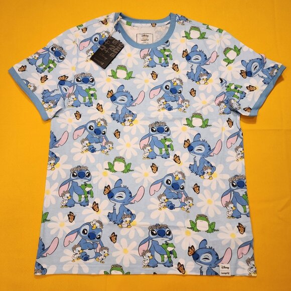 Loungefly Disney Lilo and Stitch Springtime Ducks Frog Daisy T Shirt L Blue NEW - Picture 1 of 8